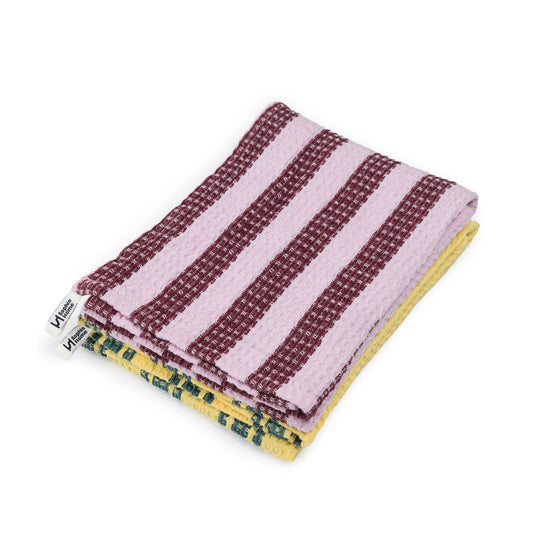 Cotton Waffle Tea Towel 2 Pack: Striped Burgundy and Yellow
