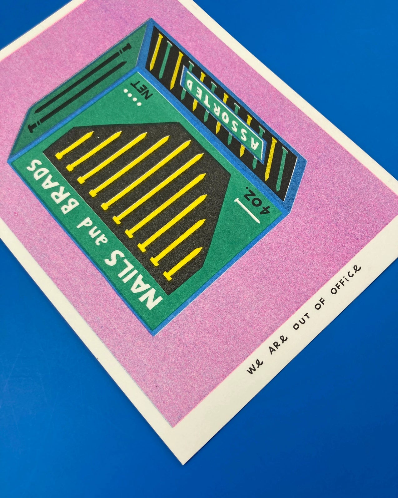 A Package with Nails and Brads Risograph Mini Print