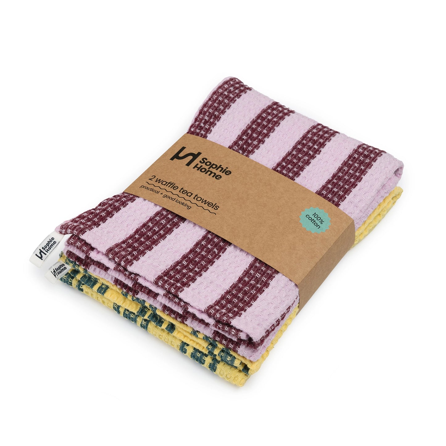Cotton Waffle Tea Towel 2 Pack: Striped Burgundy and Yellow