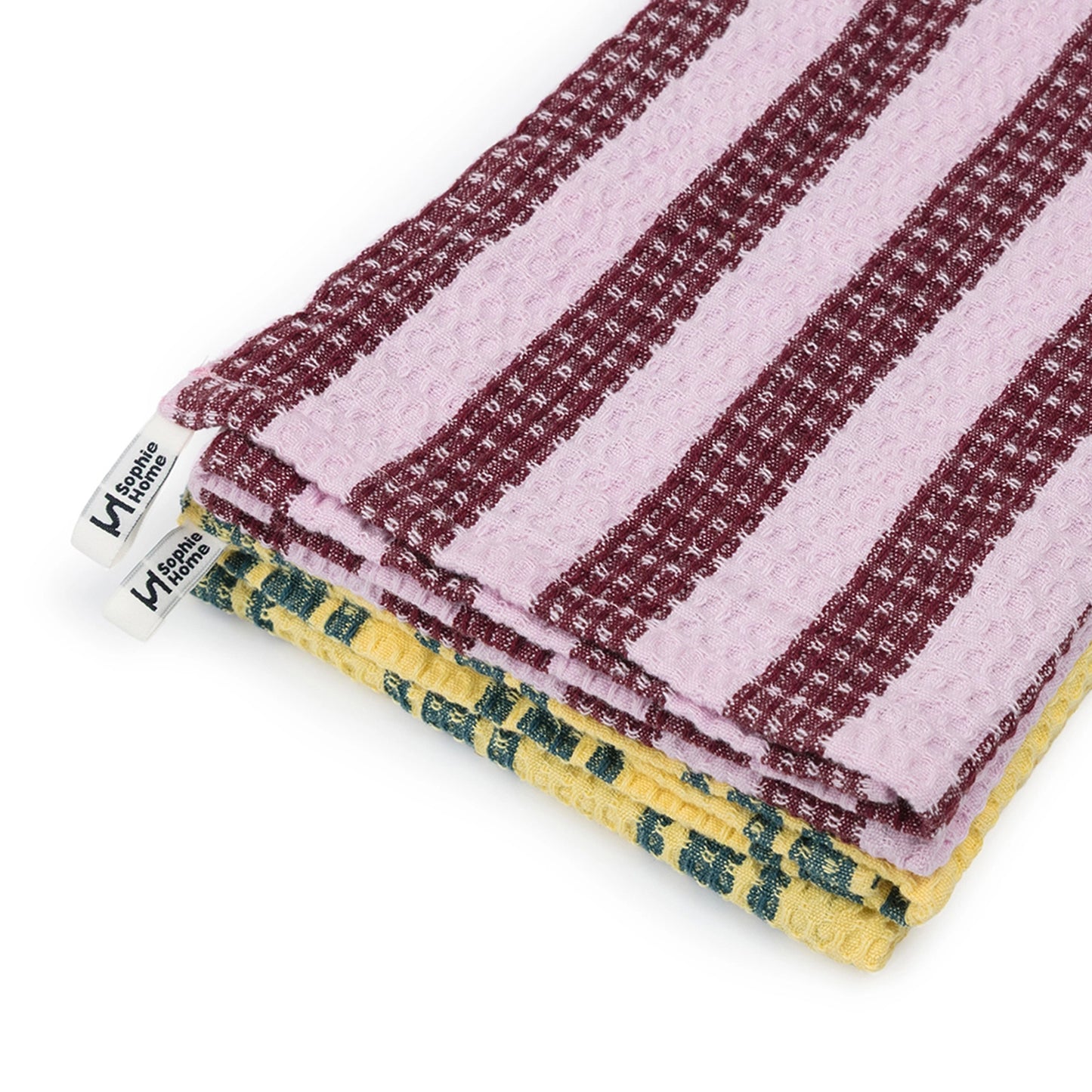 Cotton Waffle Tea Towel 2 Pack: Striped Burgundy and Yellow