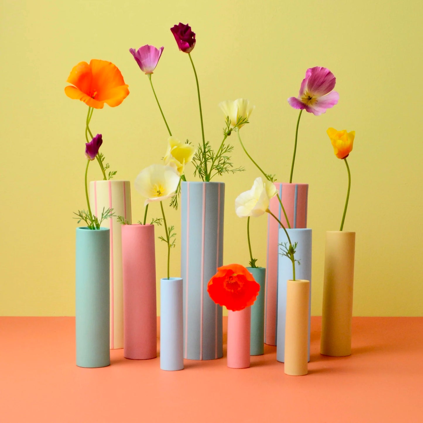 Coloured Striped Vase Naples Yellow with Pink Stripes