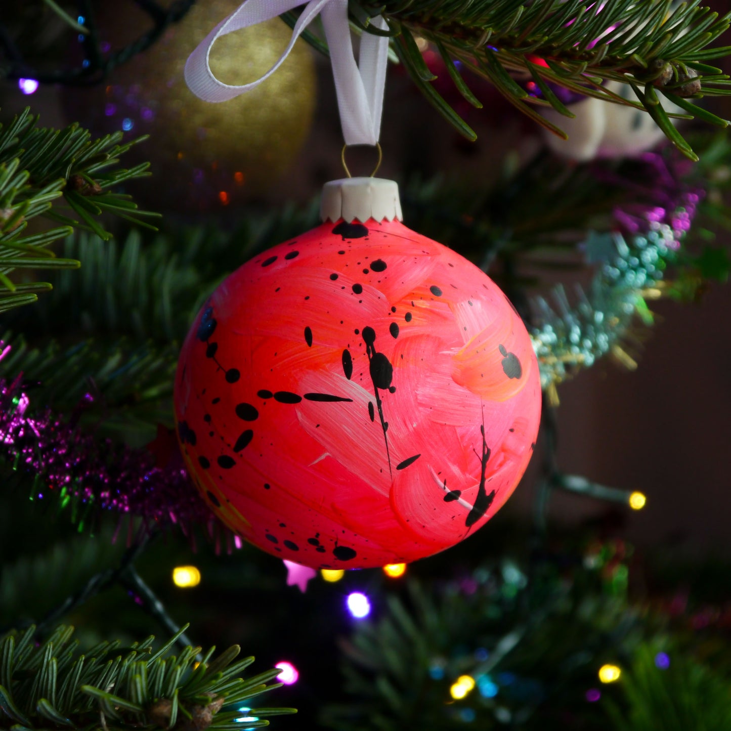 Hand Painted Bauble in Neon Pink / Orange
