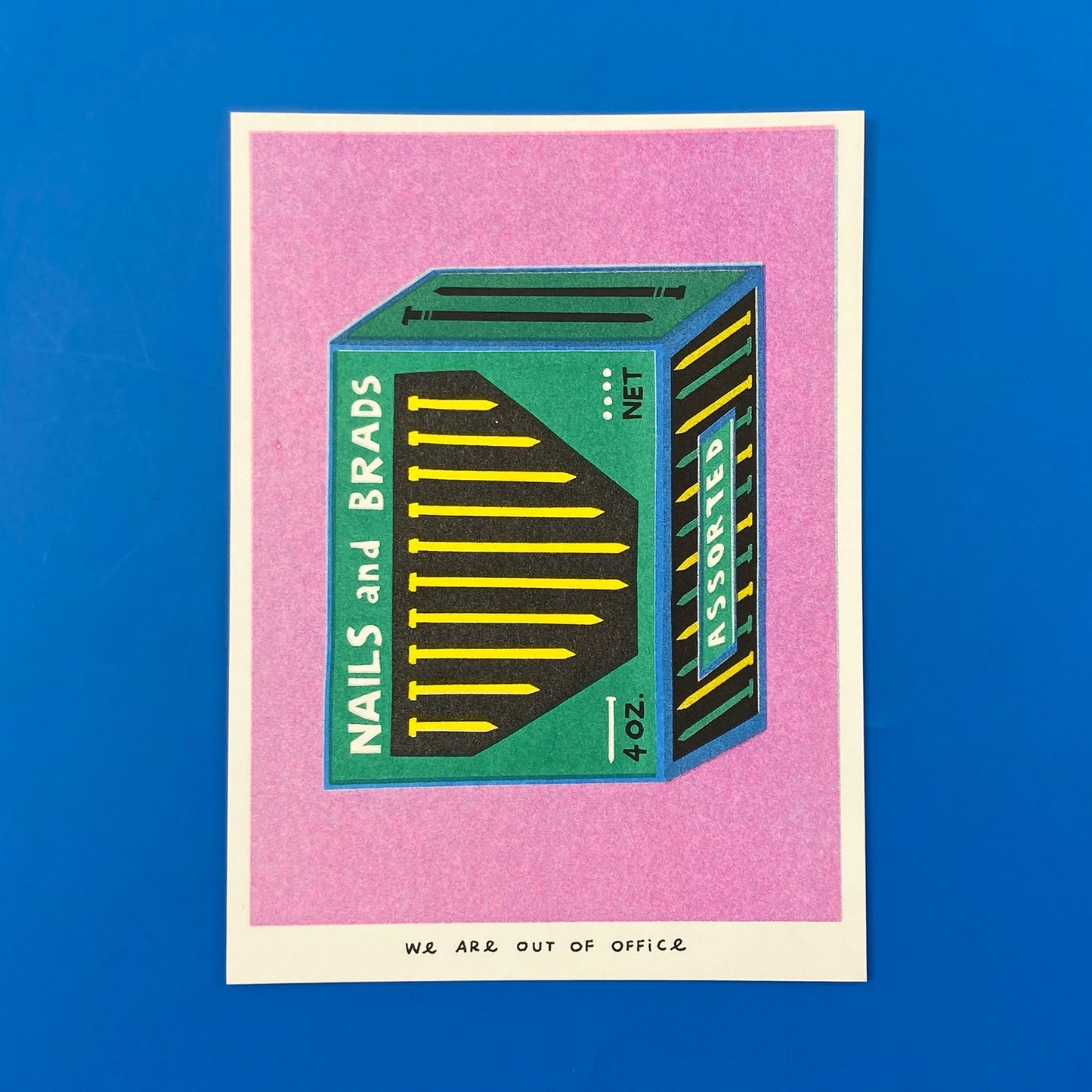 A Package with Nails and Brads Risograph Mini Print