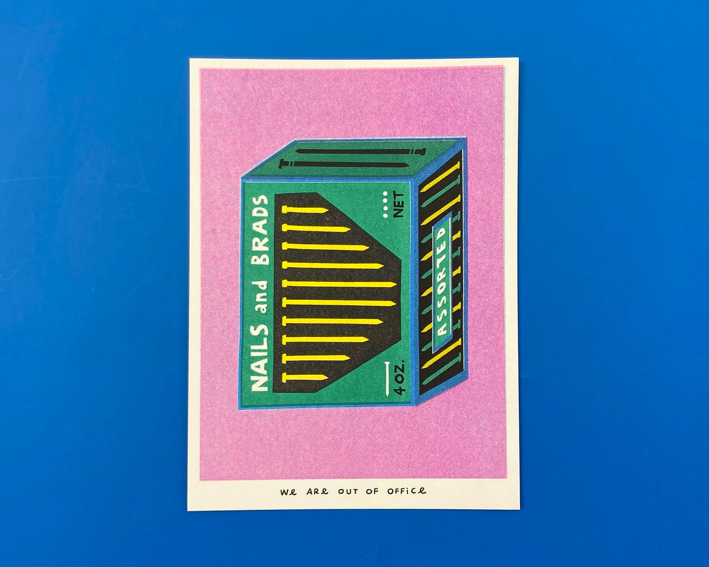 A Package with Nails and Brads Risograph Mini Print