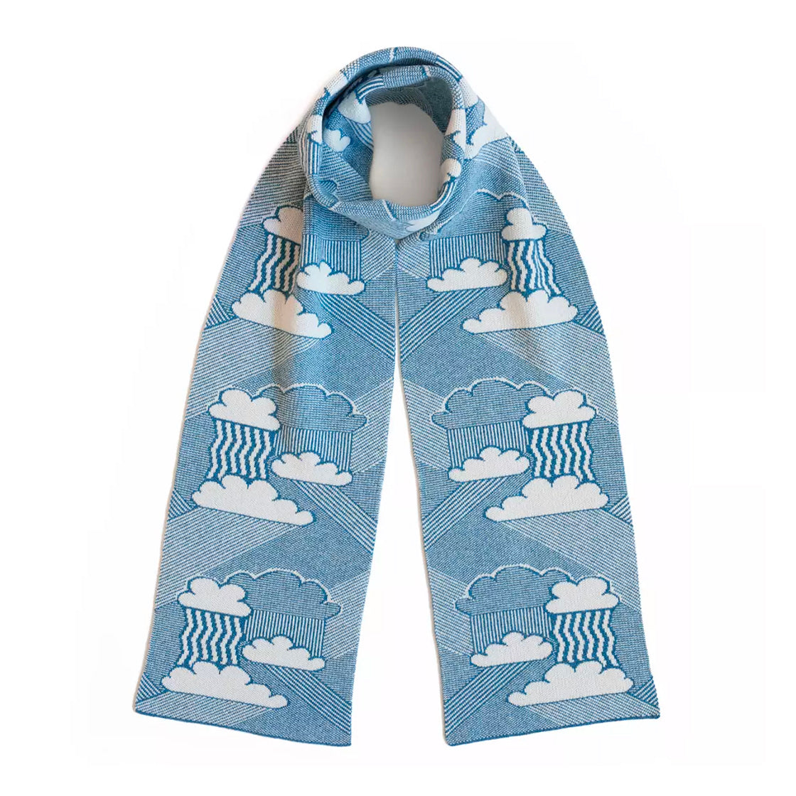 Lambswool knitted scarf in blue and white with cloud design