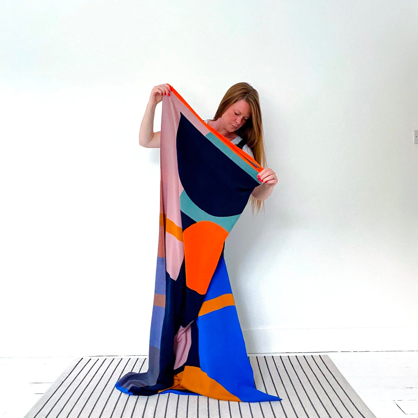 Bleeker Cotton Knit Throw Blanket in Navy, Orange and Rose