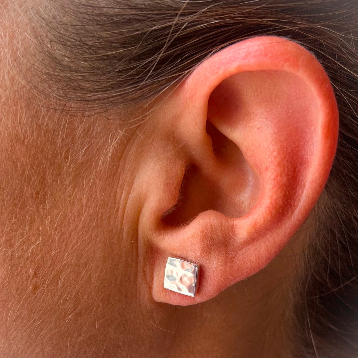 Square Stud Earrings with Hammered Finish