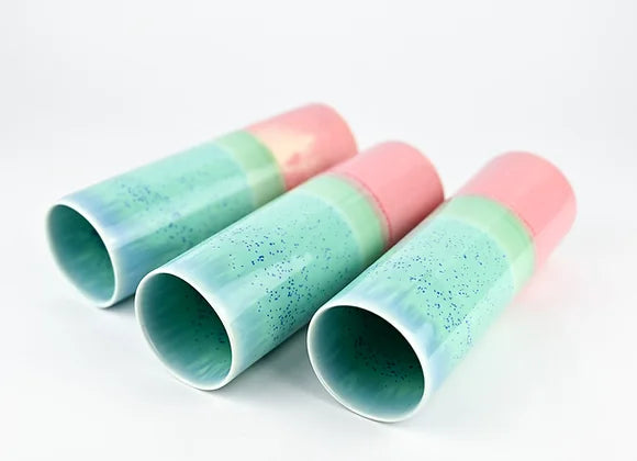 Cylinder Vase in Aqua Blue Speckle & Pale Pink