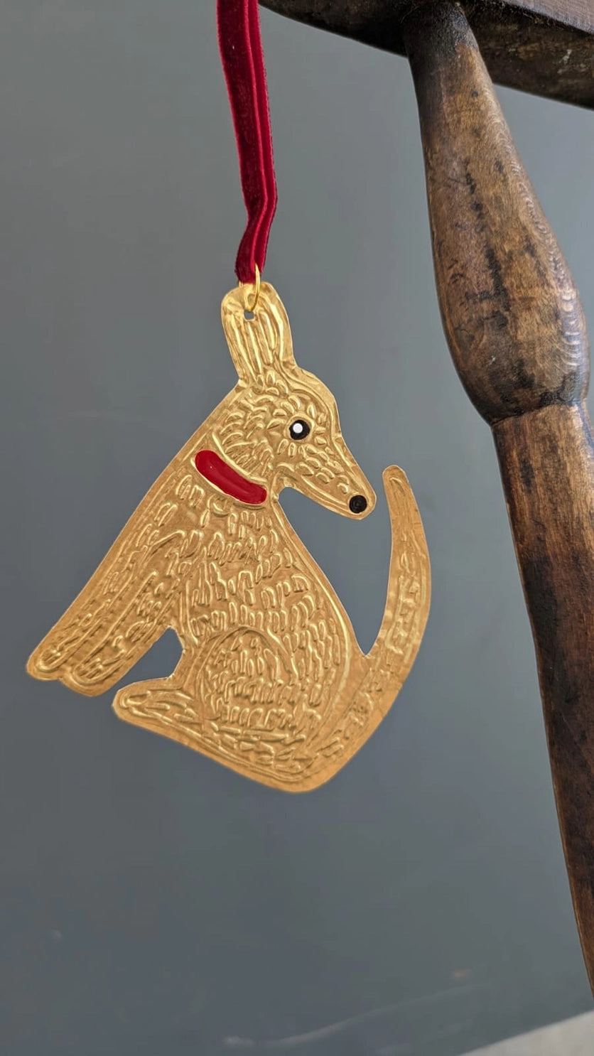 Tin Embossing Sitting Dog Ornament with Ribbon