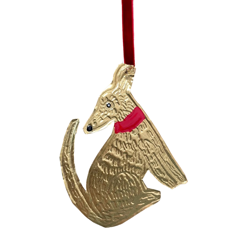 Tin Embossing Sitting Dog Ornament with Ribbon