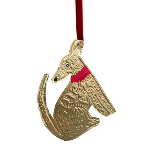 Tin Embossing Sitting Dog Ornament with Ribbon