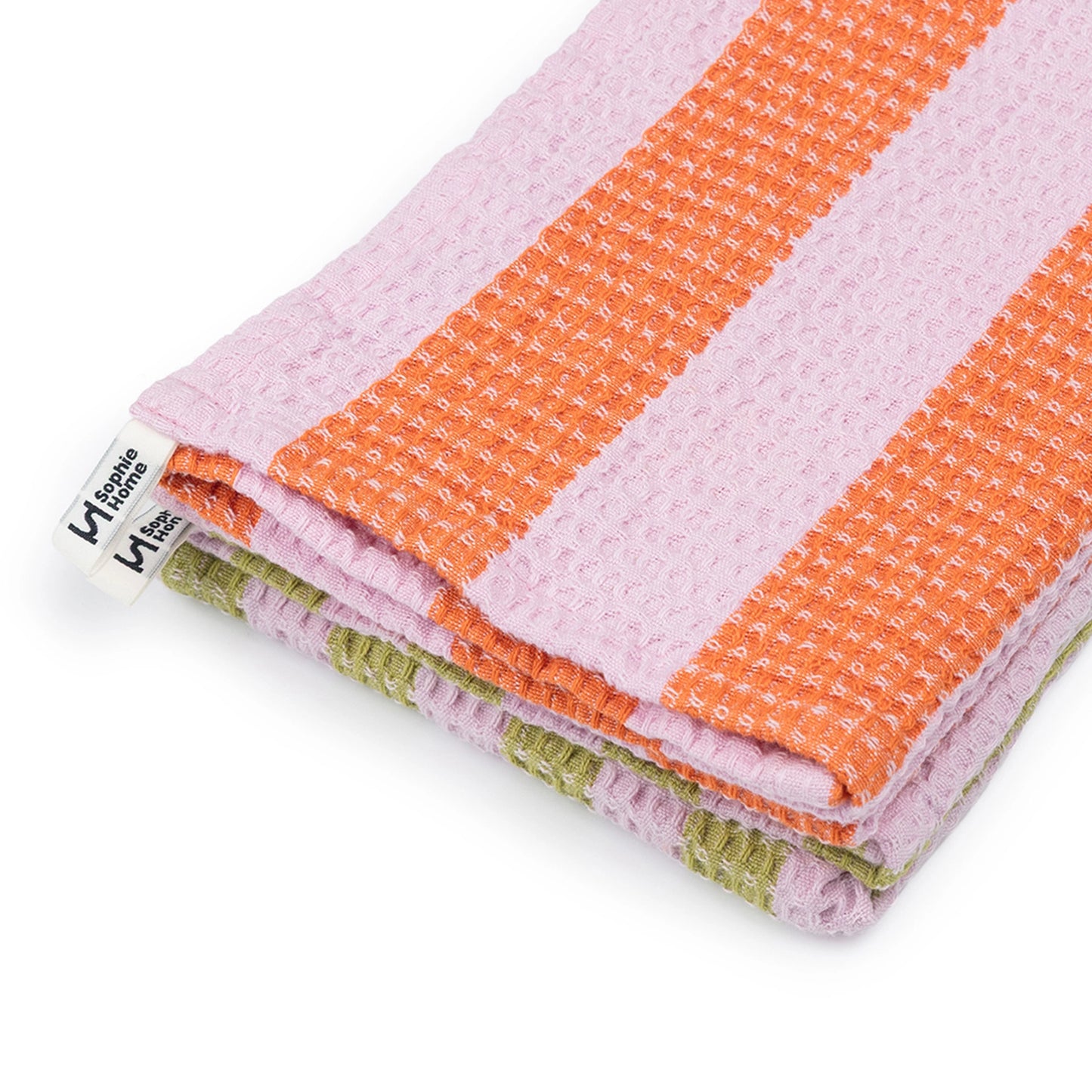 Cotton Waffle Tea Towel 2 Pack: Striped Pink and Green