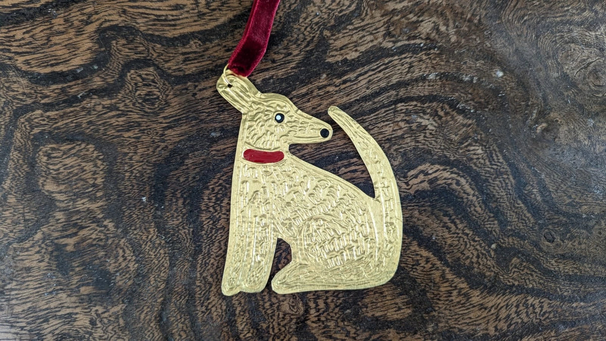 Tin Embossing Sitting Dog Ornament with Ribbon