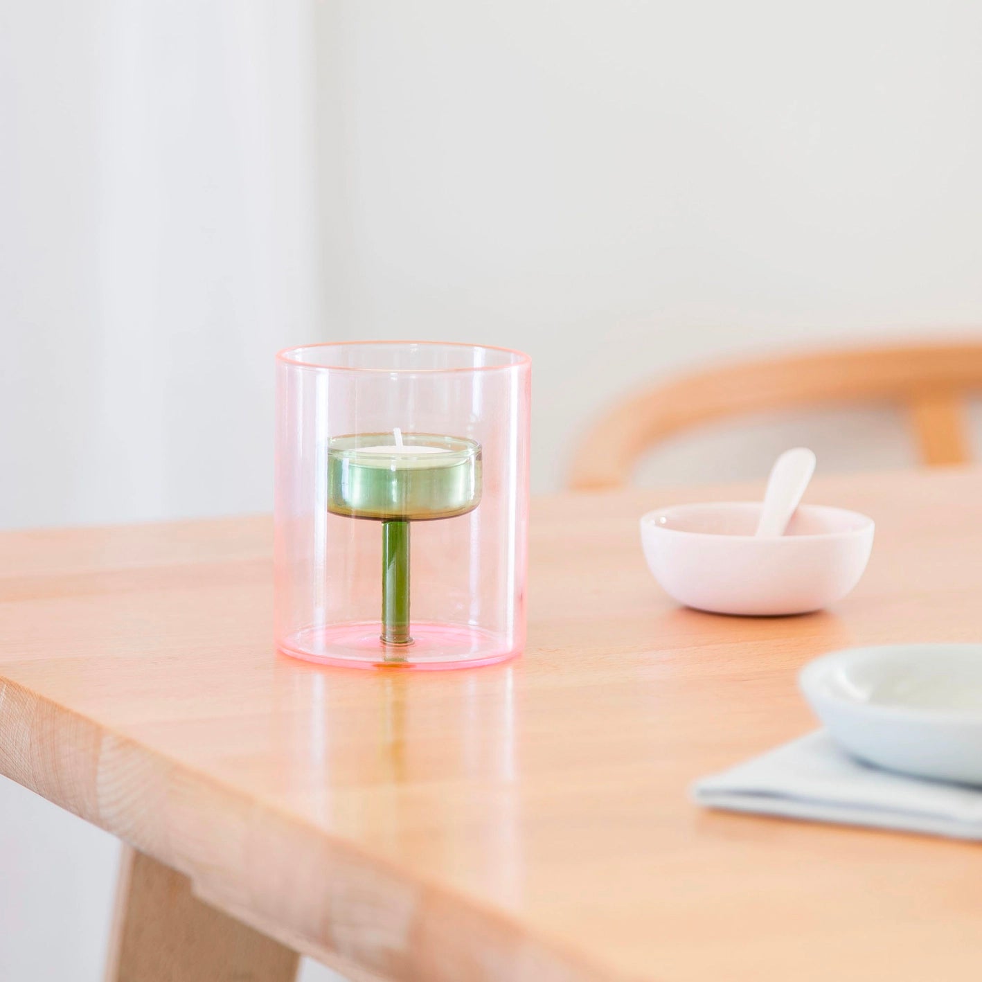 Duo Tone Glass Tealight Holder - Pink & Green