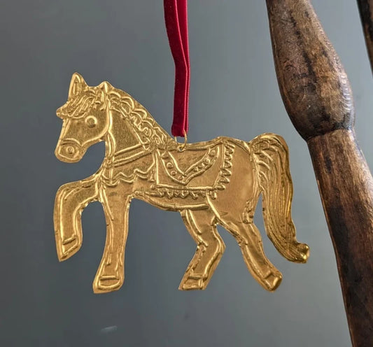 Tin Embossing Horse Ornament with Ribbon