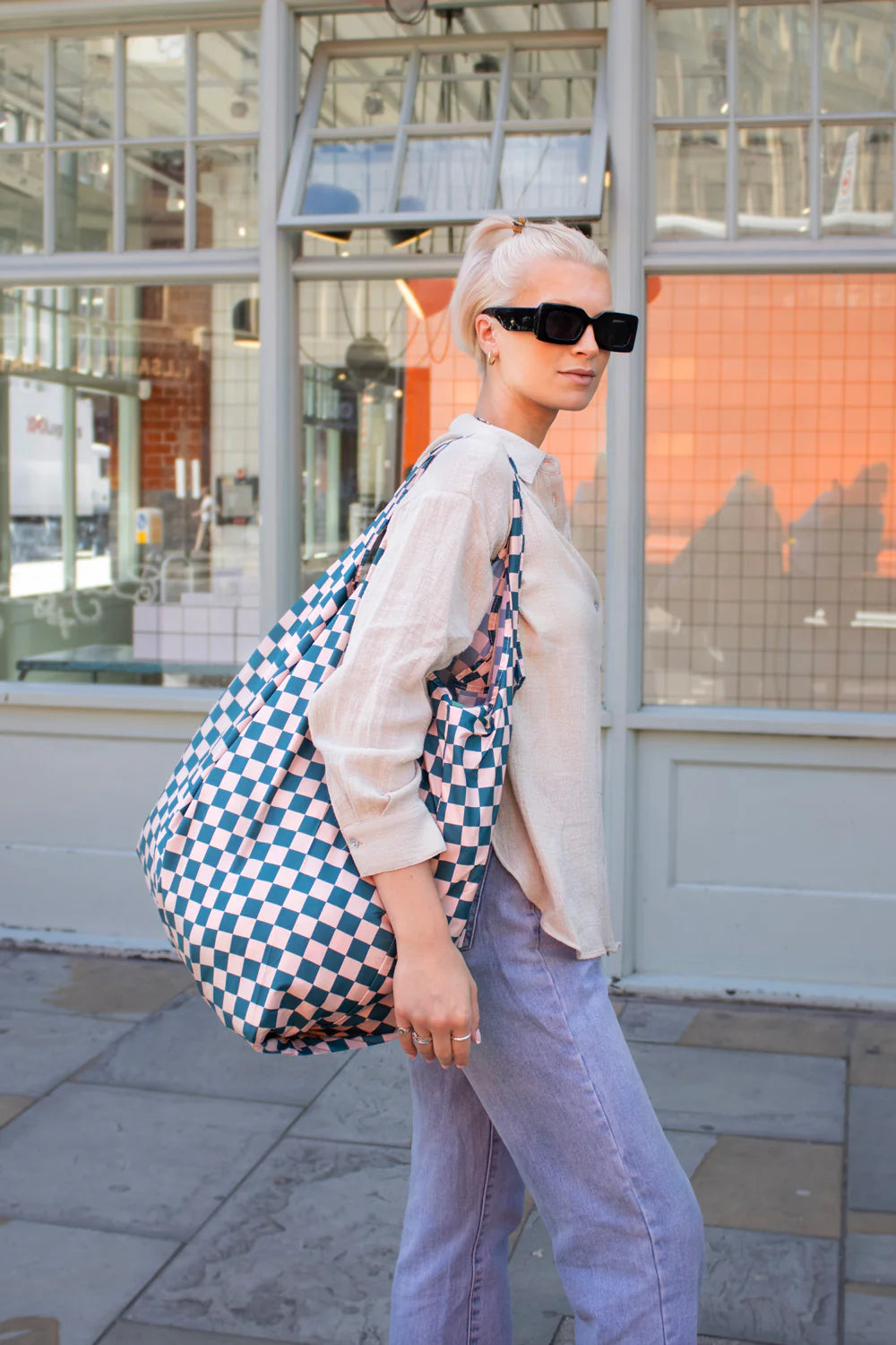 Reusable Kind Bag Extra Large Teal Checkered