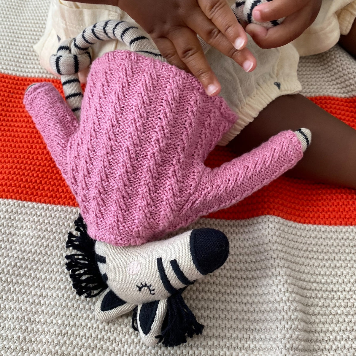 Cotton Knit Stuffed Animal Ragdoll Zebra in Pink