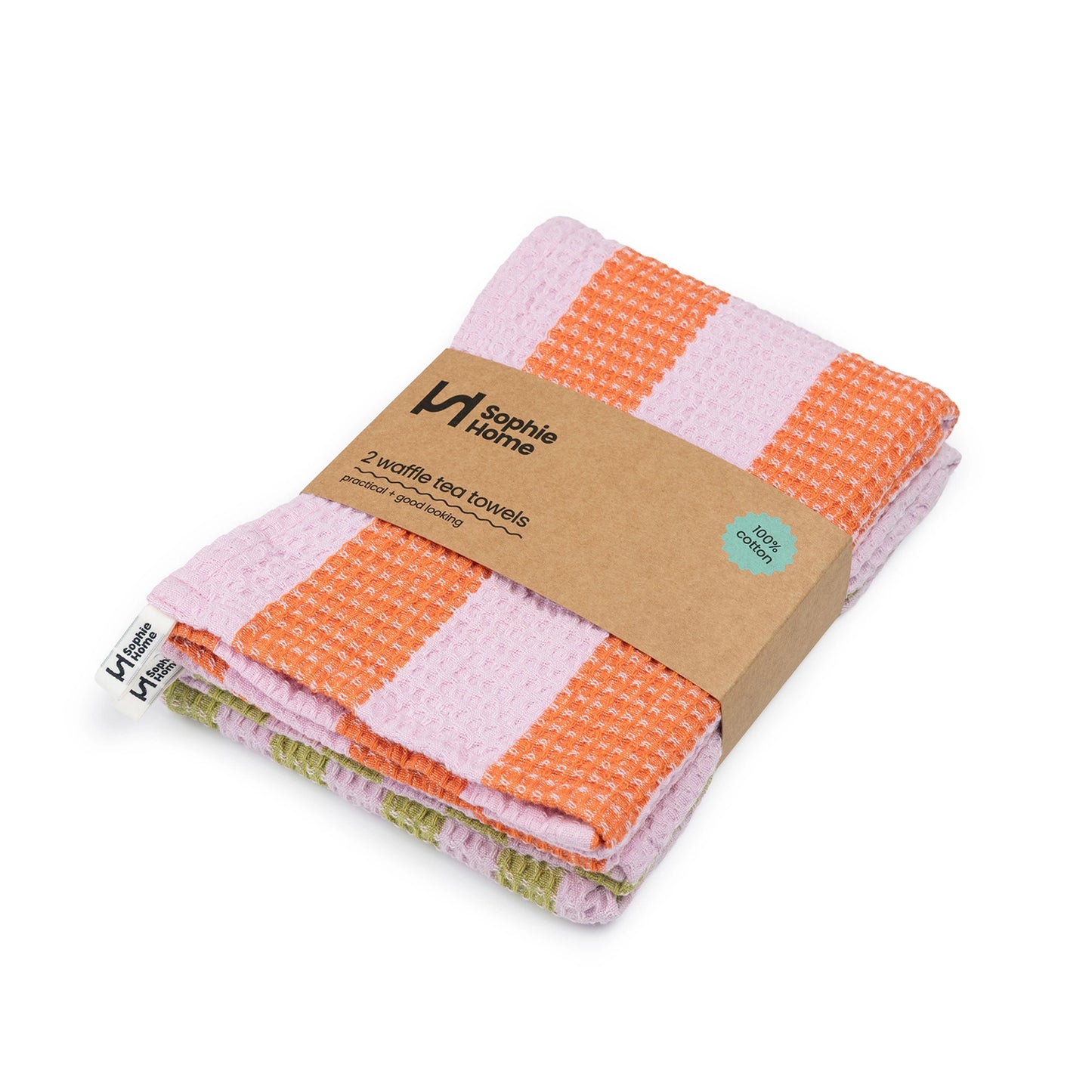 Cotton Waffle Tea Towel 2 Pack: Striped Pink and Green