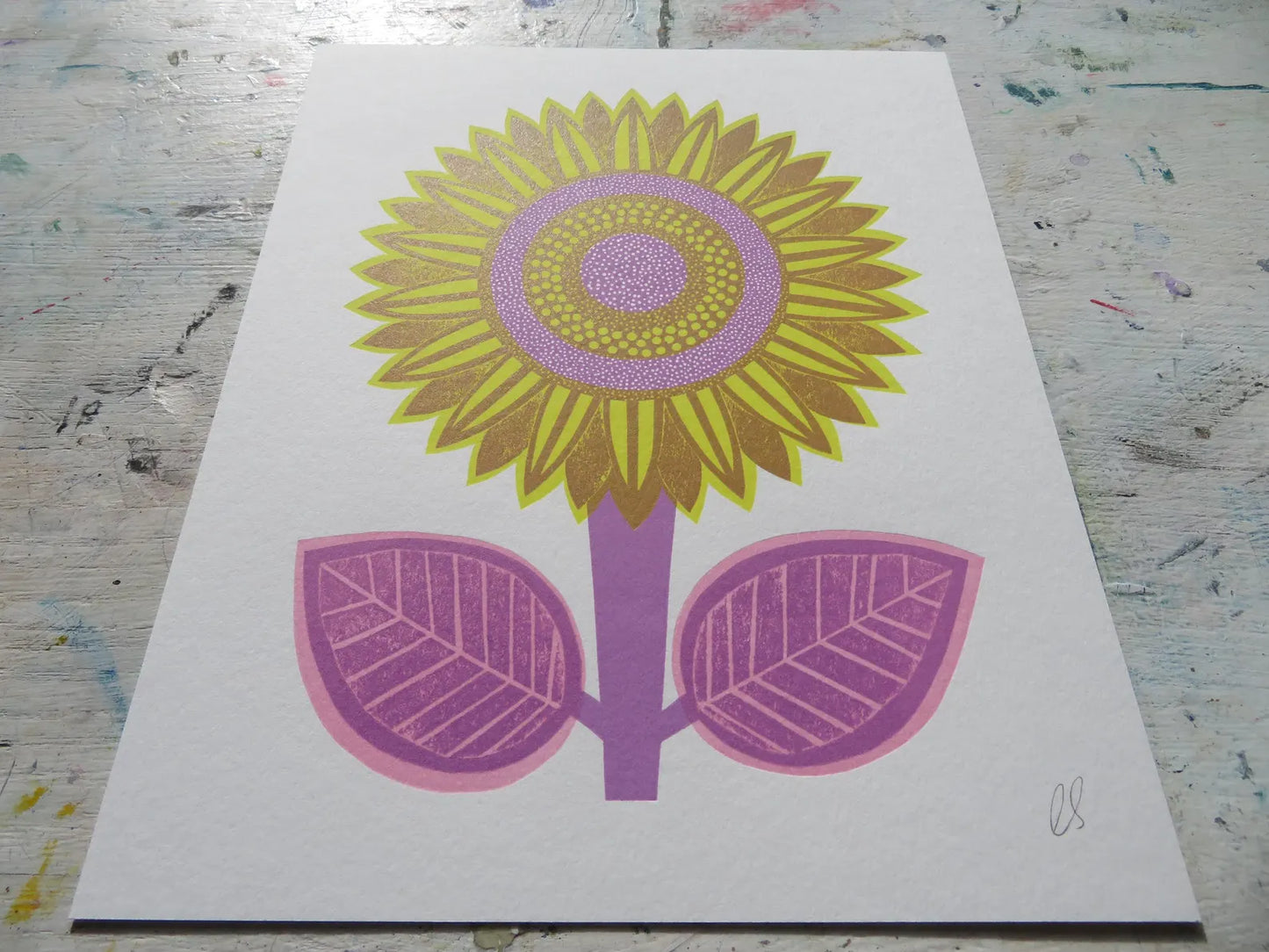 Sunflower Collagraph Print