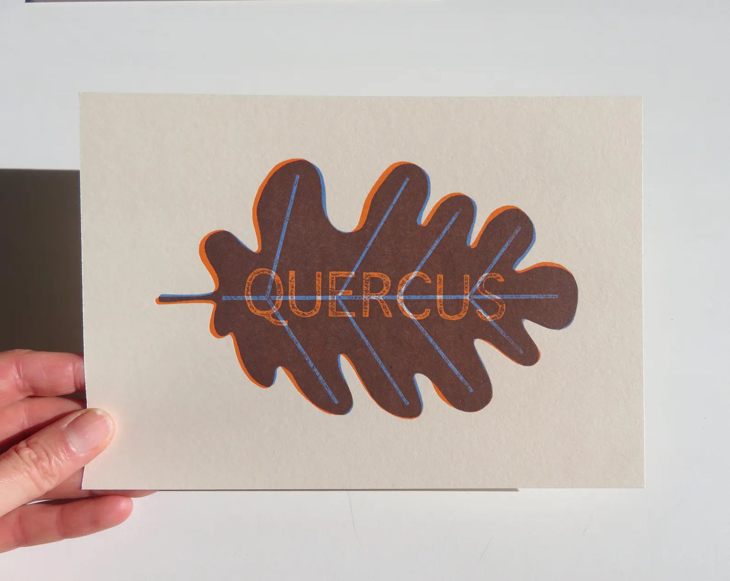 Quercus. Oak leaf handmade print, Orange and Blue