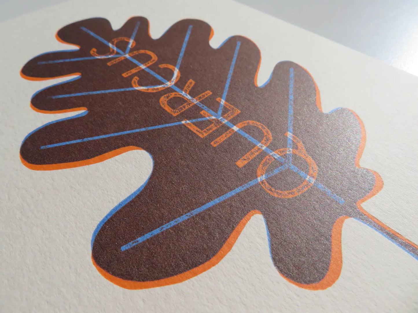 Quercus. Oak leaf handmade print, Orange and Blue