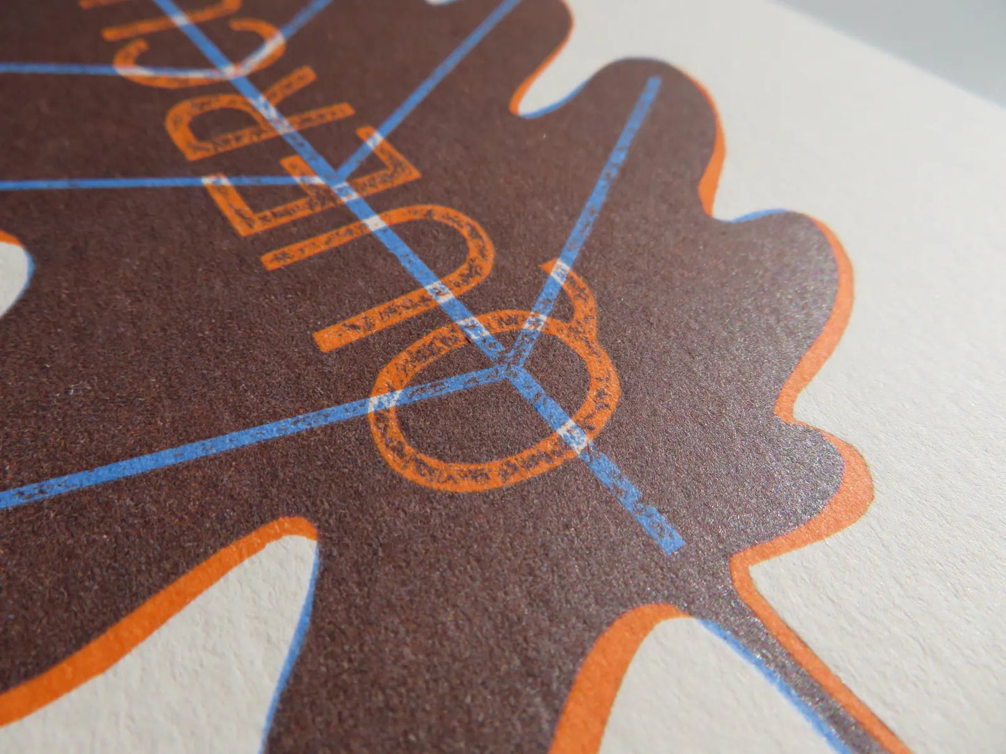 Quercus. Oak leaf handmade print, Orange and Blue