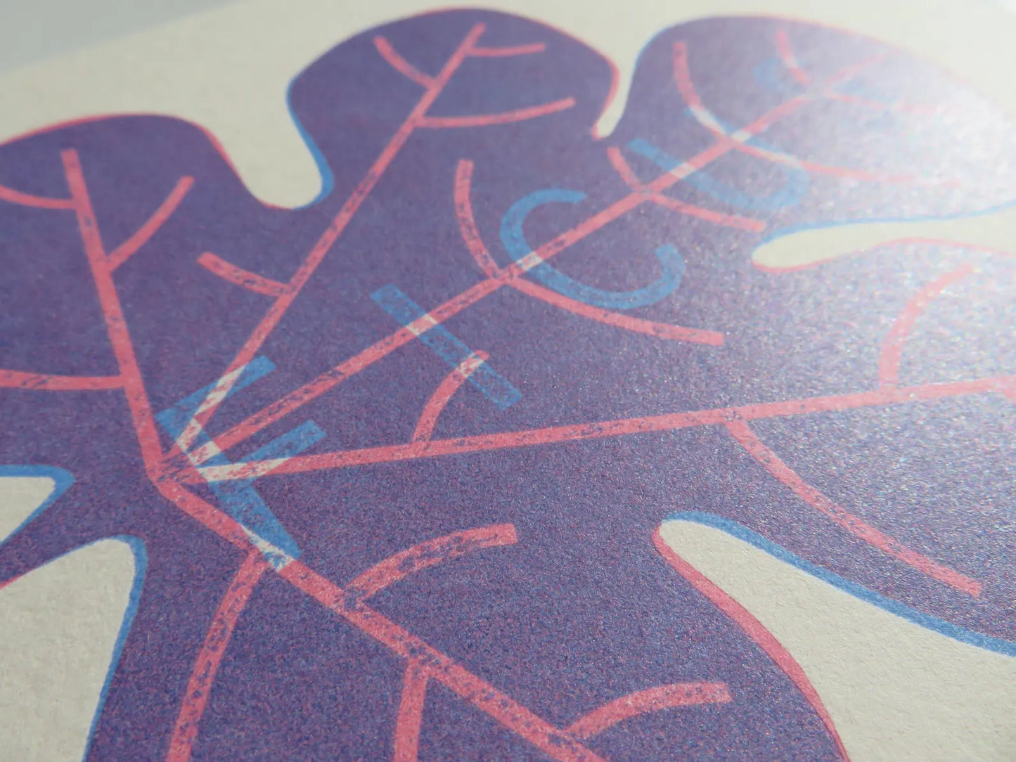 Ficus. Fig leaf handmade print, Blue and Pink.