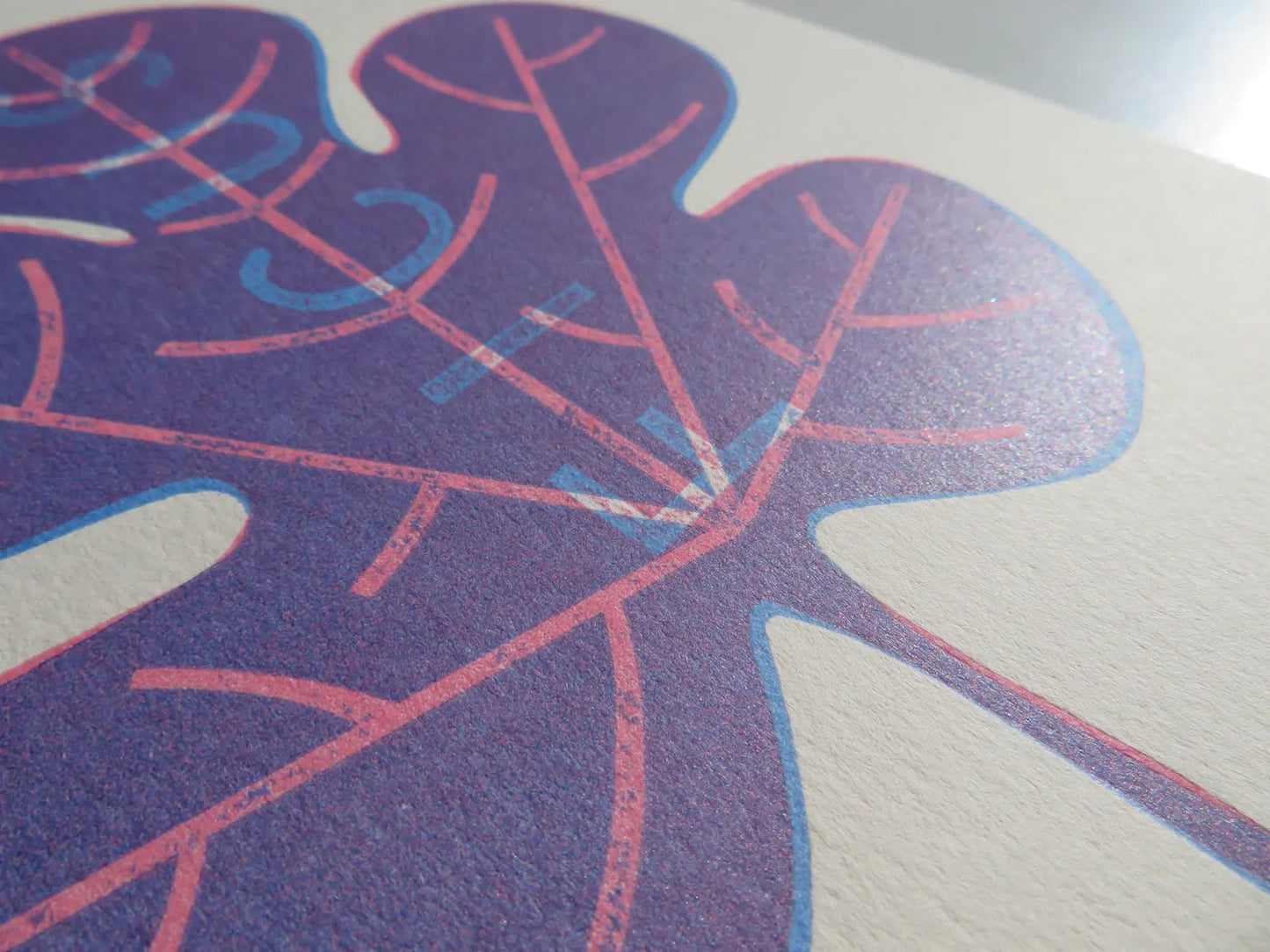 Ficus. Fig leaf handmade print, Blue and Pink.