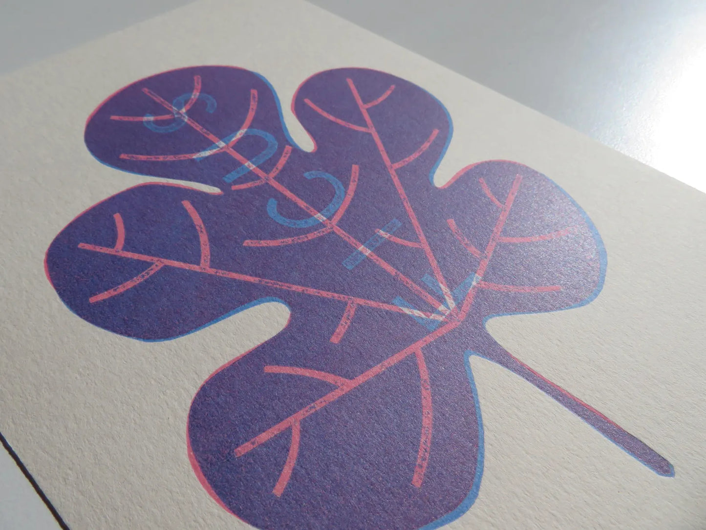 Ficus. Fig leaf handmade print, Blue and Pink.