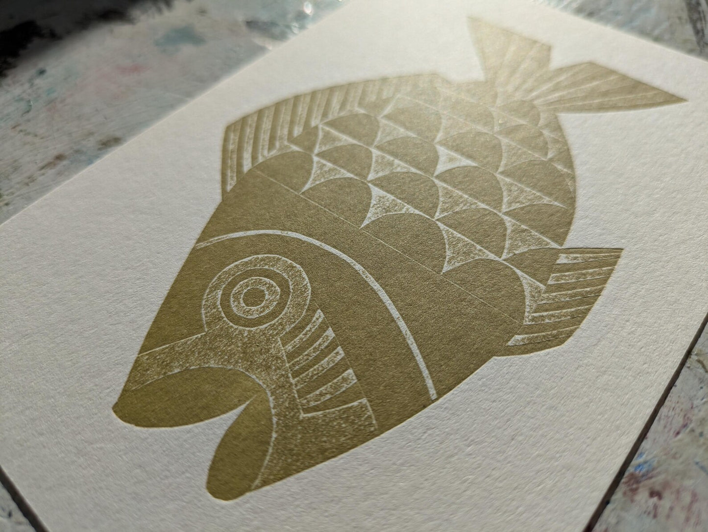 Olive Fish Collagraph Print