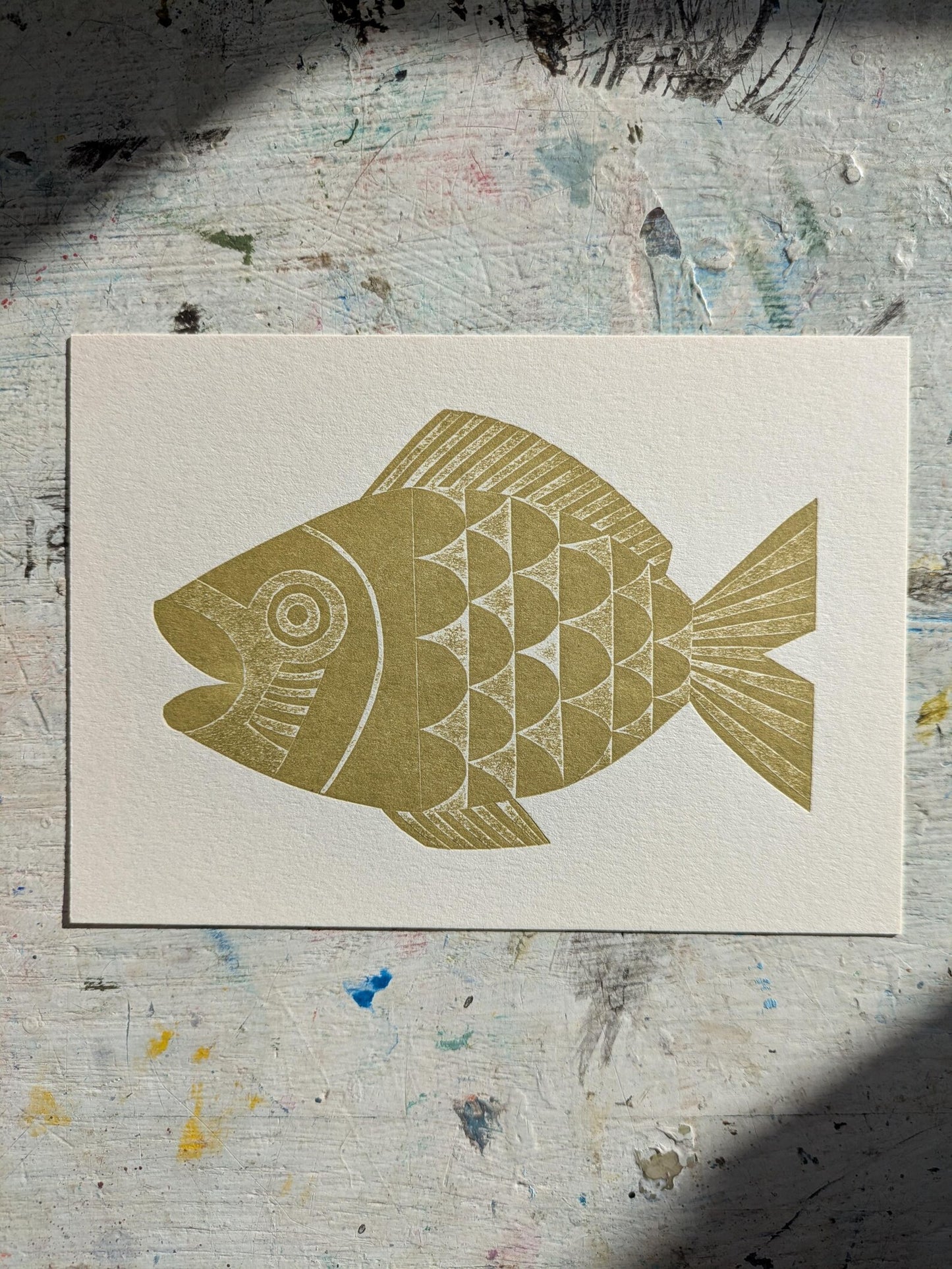 Olive Fish Collagraph Print
