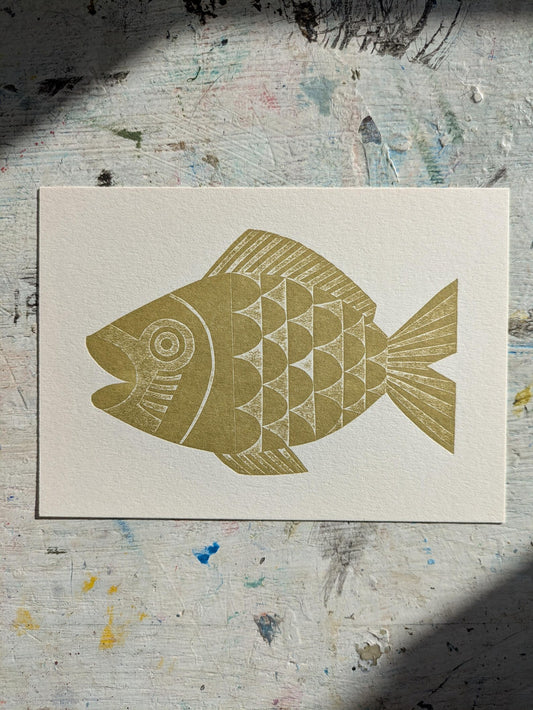Olive Fish Collagraph Print