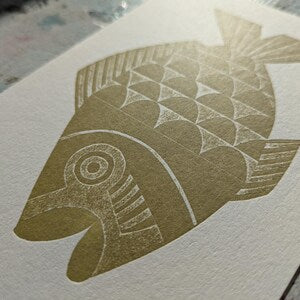 Olive Fish Collagraph Print