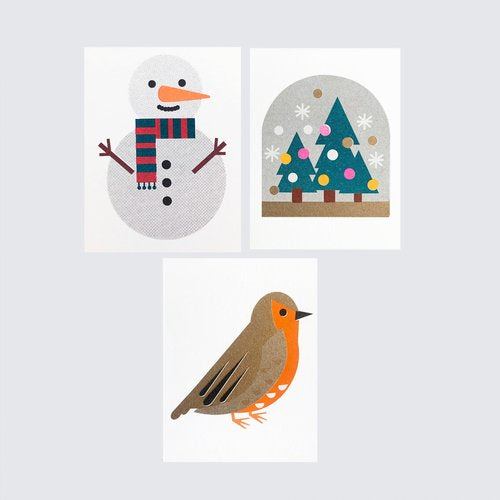 Mini Christmas Card Set -Snowman, Snow Globe, Robin
